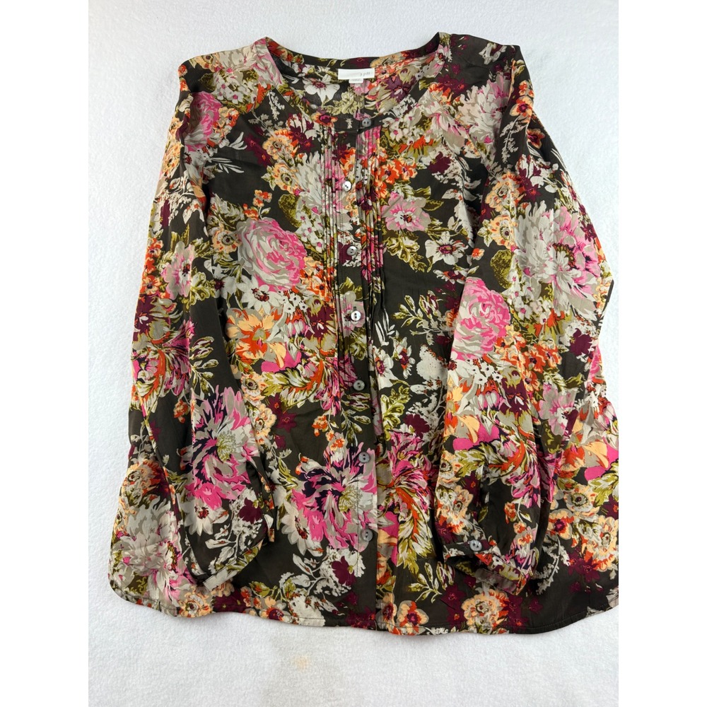 J Jill Petite Size S Floral Pleated Button Front Long Sleeve Blouse Women